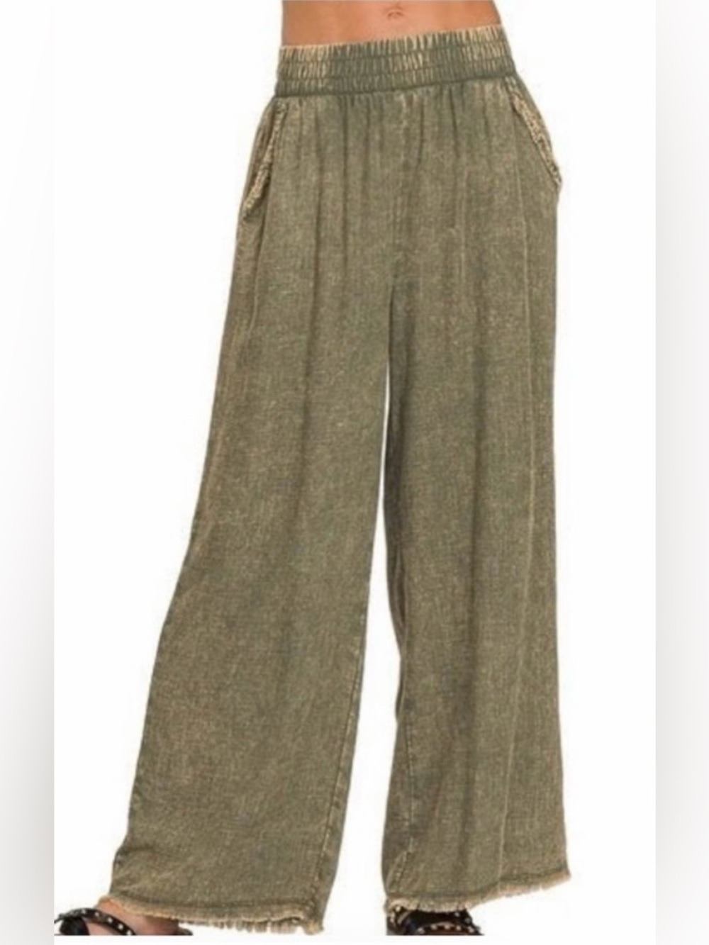 Zenana Outfitters NWOT Washed Olive Wide-Leg Relaxed Pants Size S